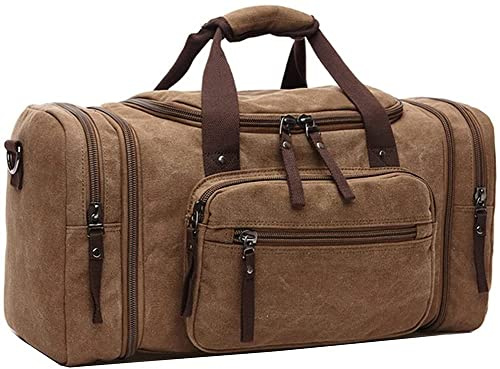 55L Large Canvas Holdall Bag for Men Women, AIZBO Travel Carry On Duffles Hospital Bags,Cabin Size Overnight Weekender Bag for Holidays Gym (Brown)
