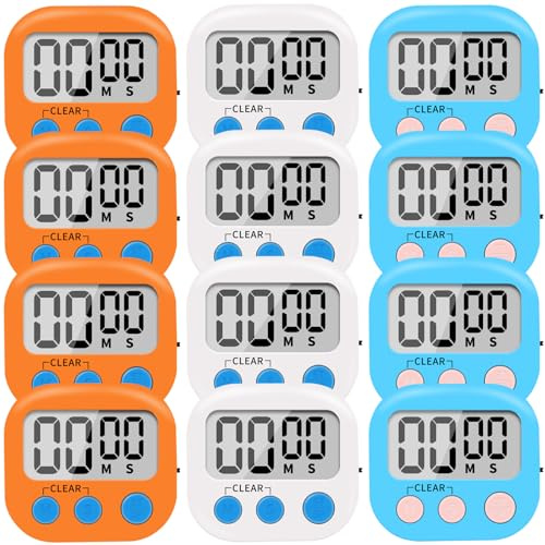 12 Pack Small Digital Kitchen Timer Magnetic Back and ON/Off Switch,Minute Second Count Up Countdown（White,Blue,Orange