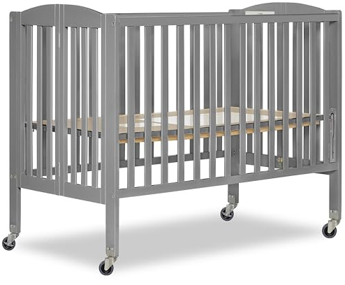 Dream On Me Folding Full-Size Convenience Baby Crib, Steel Grey, GreenGuard Gold & BSA, Portable, Patented Quick Folding System, Heavy Duty Wheels, 2 Adjustable Mattress Heights