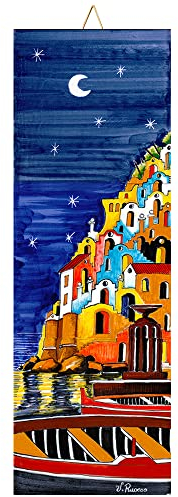 Baldosa cerámica cm. 10x30 con Impresión de un Paisaje de la Costa de Amalfi, Paisaje Positano Noche 2 Azulejo Ornamental para Colgar.