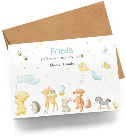 Kiddle-Design Glückwunschkarte Geburt Karte zur Geburt Junge Mädchen Babykarte Personalisiert mit Name Geburtskarte Baby süße Tiere schöne Sprüche zu Geburt Mädchen