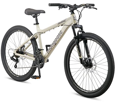 Mongoose Grafton Mountain Bike, 26 Inch Bike for Men and Women, 21 Speed, Aluminum Frame, Knobby Mountain Tires, Suspension Fork, Trigger Shifters, Mechanical Disc Brakes, Adult Bicycle