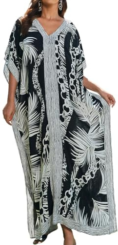 Bsubseach Caftanes para Mujer Talla Grande Vestido Kaftan Traje de Baño Largo Vestido de Manga Corta Casual Maxi Vestido Negro Blanco