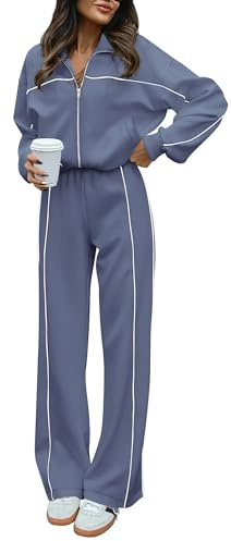 BTFBM Women's Two Piece Tracksuit Spring 2026 Long Sleeve Zip Up Sweatshirt Long Pants Outfits Jogger Sweatsuit Sets(Solid Grey Blue,Medium)