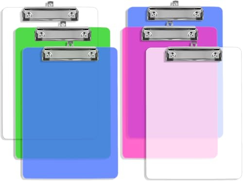 6 Piezas Portapapeles A4 de Plástico Transparente con Pinza, Tableros de Colores Flexible Carpeta con Clip de Metal para Documentos, Portapapeles de Escritura A4 para el Trabajo Diario