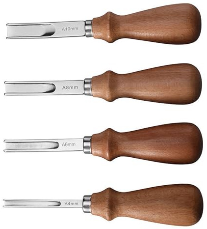 TopHomer Scarnitore Cuoio, Set di 4 Pezzi con Manici in Legno, Lame da 4mm,6mm,8mm,10 mm, Smussatore per Pelletteria, per Smussare e Tagliare, per Lavorazione Cuoio al Metro