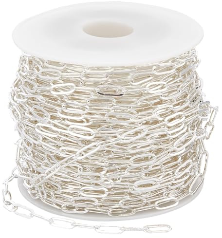 SUNNYCLUE 32.81 Feet Silver Paperclip Chain Bulk Oval Chain Links Brass Paper Clip 3mm Jewellery Roll Drawn Elongated Cable Soldered Link Chains for Jewellery Making Necklace Bracelet Supplies DIY