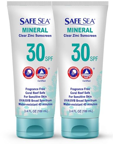 Safe Sea Zinc Oxide Sunscreen SPF30 | Clear Mineral Face And Body Sunscreen Without White Cast | Anti-Jellyfish Sting Protective Lotion | Travel Size - 100ml (2 Pack)