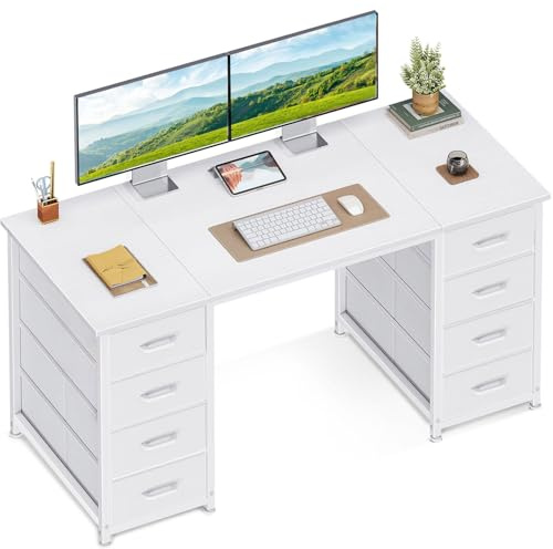 Coleshome Computer Desk with Fabric Drawers, 120x48cm Modern Office Desk with Storage, PC Study Table for Home Office、Bedroom or Living Room, White