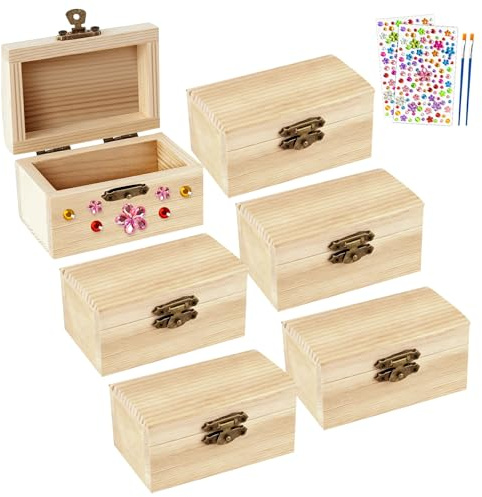 SINRAD Coffre à Trésor en Bois Non Fini,6pièces Petite Boite En Bois,DIY Petite Boîte en ois avec Couvercle,avec des autocollants en diamant pour peindre et bricoler une fête d'anniversaire de pirate