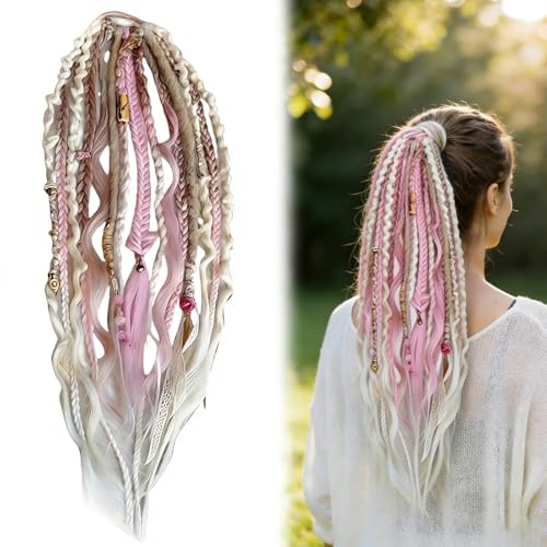 Zueyen Extensions de queue de cheval dreadlocks 55 cm, avec bande élastique, style bohème, dreadlocks, faite à la main, avec perles et coquillages, pour homme et femme, rose