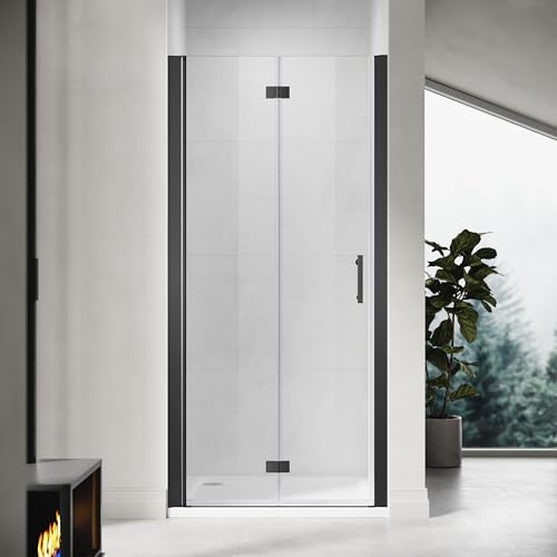 ZANOFIRA 900mm Black Frameless Bi-Fold Shower Door Folding Shower Screen 6mm Toughened Clear Safety Glass Space Saving Magnetic Seal Reversible for Wet Rooms En-Suites