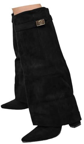 SKFLABOOF Bottes au-dessus du genou pour femme - Noir - Hauteur genou avec talon - Bottes larges mollets - Shark High - Sans chaussures hautes