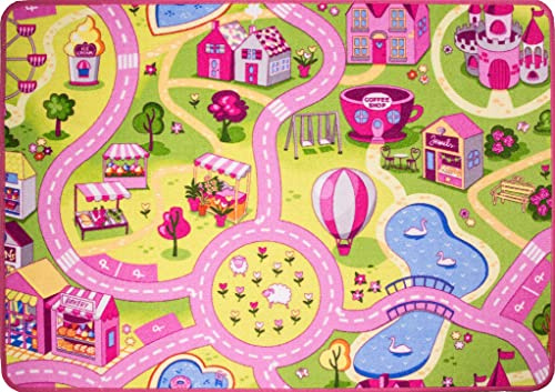Children's Kids Girls Pink Rug Funfair Playmat for Nursery Playroom Bedroom Educational Creative Play Crawling Soft Durable Toddler Play Mat 95cm x 133cm