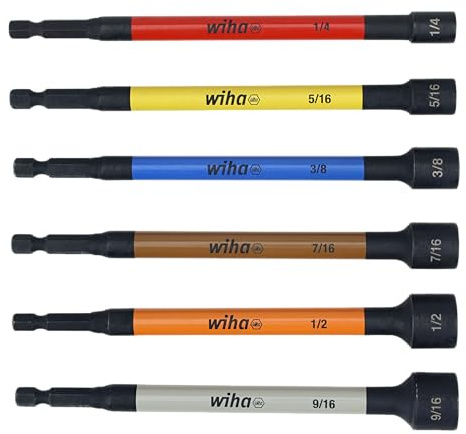 Wiha 70486 Magnetic Nut Setter Set, 6 Piece SAE, Color Coded, 1/4-Inch Hex Drive, Impact Rated