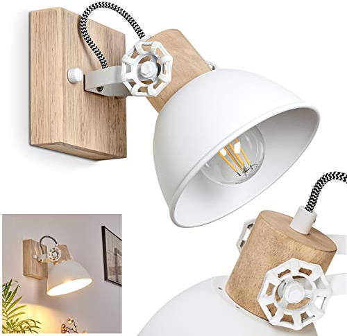 HOFSTEIN Wandleuchte Orny, verstellbare Wandlampe aus Metall/Holz in Weiß/Braun, 1-flammig, 1 x E27-Fassung, Wandspot im Retro/Vintage Design, ohne Leuchtmittel