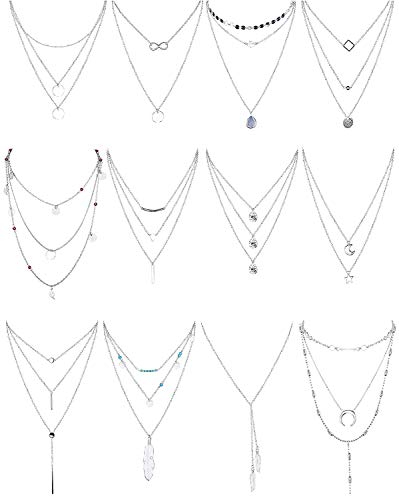 Finrezio 12 Stück Kette Damen Layered Kette Set Gold Silber Halskette Für Damen Sexy Lange Choker Kette Y Halskette Mehrreihige Halskette mit Anhänger Boho Kette Set