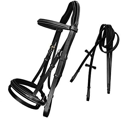ExionPro English Jumping Hunter Bridle with Removable Flash Noseband & Rubber Reins | Soft Padded Raised Snaffle Browband & Noseband | Anatomical Anti-Pressure Headpiece | Leather Horse Bridle