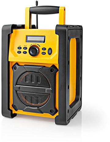 Ex-Pro Job Site FM Radio with Bluetooth, IPX5 Water Resistant Portable Heavy Duty Speaker with AUX In, 20 Presets & Carry Handle, Battery or Mains Powered - Yellow