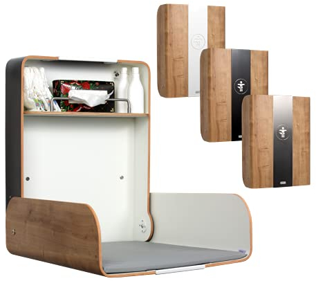 KAWAmidi oak | timkid Wickeltisch | TÜV-geprüft | klappbarer & platzsparender Wandwickeltisch | inkl. grauer Wickelmatte | Ideal für den öffentlichen & privaten Bereich | Mittelteil Edelstahl