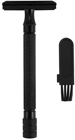 HEALLILY 1 rasoio a doppio bordo nero: rasoio riutilizzabile con manico lungo in lega di alluminio, rasoio in metallo per donne e uomini, kit di rasatura di sicurezza, senza lamette nere