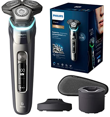 Philips Shaver Series 9000, Wet and Dry Electric, Dark Chrome, with Lift & Cut Shaving System and SkinIQ Technology, Pop-up Trimmer, Cleaning Pod, Charging Stand and Travel Case, Model S9987/55
