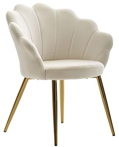 FineBuy Esszimmerstuhl Tulpe Samt Gepolstert, Küchenstuhl mit Goldfarbenen Beinen, Schalenstuhl Skandinavisches Design, Polsterstuhl mit Stoffbezug Weiß