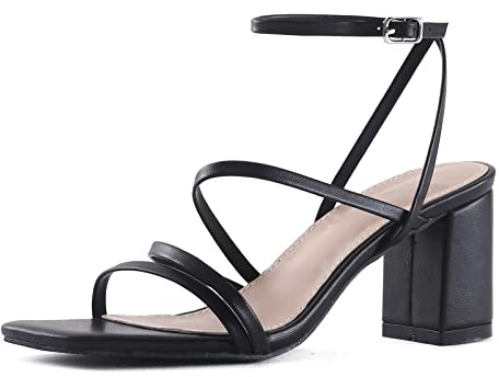 LACUONE Strappy Heels for women Block Heels Square Toe Chunky Ankle Buckle Pump Heeled Sandals (8.5,Black)