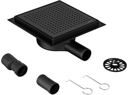 Neodrain Shower Drain 360° Siphon Stainless Steel Square Floor Drain Black 20 x 20 cm with Shower Trap, Hair Strainer for Bathroom