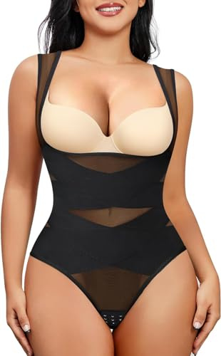 Chumian Bodysuit for Women Shapewear Waist Trainer Body Shaper Mesh Slimming Shaping Bodysuits Tummy Control Top (Black Thong, L)