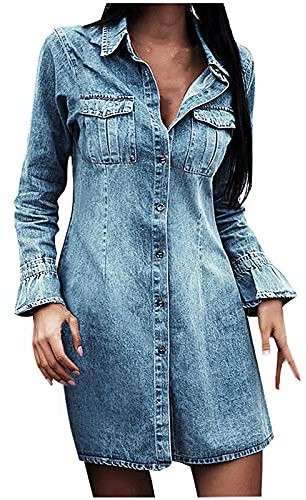 Jeanskleid Damen Langarm Knielang Jeanskleider Jeanshemd Hellblaues Kleid Freizeitkleid Frauen Tunikakleider Blusenkleid Sommerkleid Knopf unten Denim Babydoll Jean Kleid Shirtkleid Strandkleid