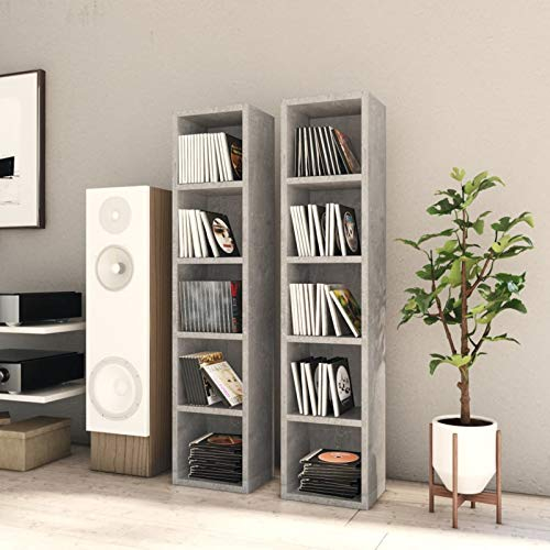 Homgoday 2 STK. CD-Regale CD-Schrank Ständer Medienregal Schrank Holzregal Bücherregal Standregal mit 5 Fächern für bis zu 80 CDs Betongrau 21x16x93,5 cm Holzwerkstoff