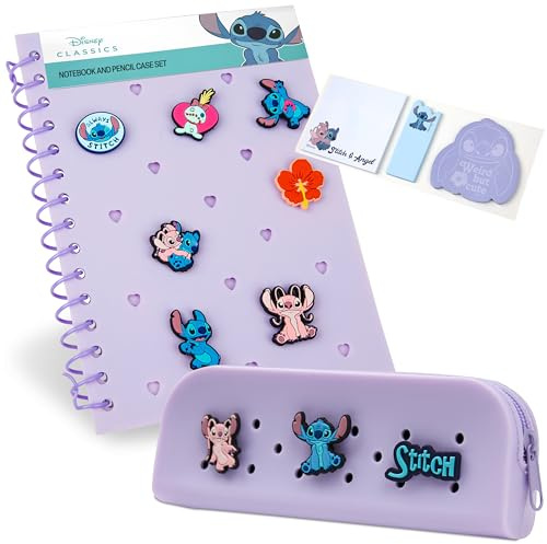 Disney Stitch anpassningsbar A5 anteckningsbok och pennfodral med dragkedja skrivmaterialset med karaktärsnålar, klisterlappar, skolmaterial, Stitch-presenter för flickor