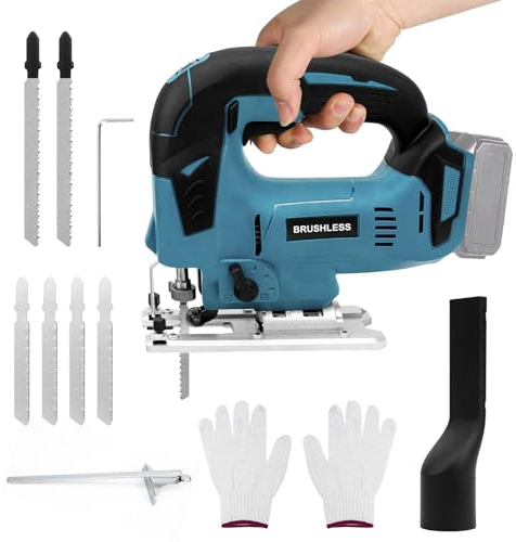 JAOGAUS Sega alternativa a batteria, senza cordless Jigsaw per batteria Makita 18 V, 6 batterie Saw Blade Jigsaw Brushless Motor, ± 45° Tilt, 3 stage Pendulum Stroke, 6 velocità 800-3100 RPM, LED