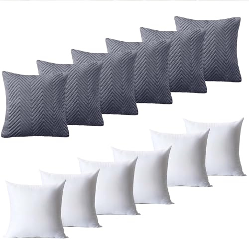 BedLooms Cushions with Covers Included 45 x 45 cm Set of 12 (6 Grey Cushion Covers, 6 Cushion Inserts) Ultrasonic Square Throw Pillow Cases Decorative Sofa Cushion with Invisible Zipper