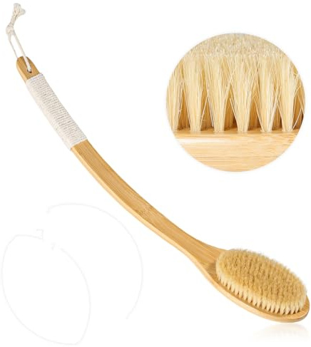 ​​​​Bath Body Brush Shower, 22 Super Long Curved Bamboo Handle Antiskid Back Body Scrubber Wet/Dry Brushing, Moderately Soft Natural Bristle Body Brush for Showering