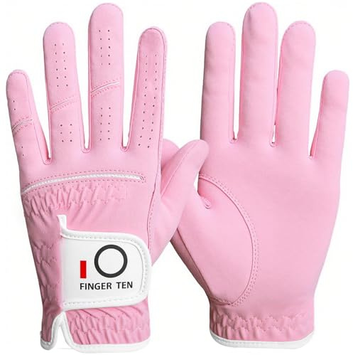 FINGER TEN Golf Gloves Womens Ladies 1 Pack Glove Left Hand for Right Handed Golfer, Wet Hot Cool Rain Grip Weathersof All Weather, Fit Small Medium Large XL (Pink, Medium(Worn On Left Hand))