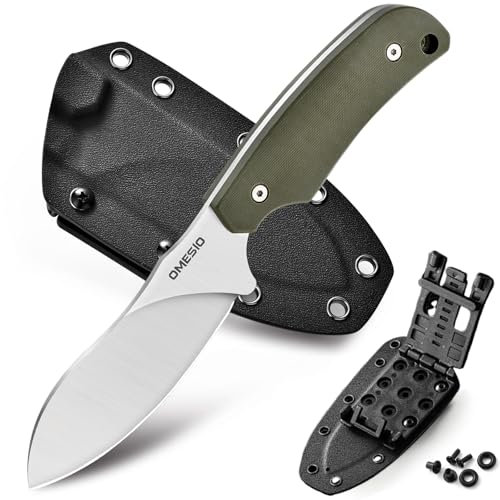 Omesio Couteau de chasse avec gaine Kydex, lame fixe pleine soie de 22,5 cm, poignée G10 antidérapante, couteau de survie Nessmuk D2 en acier, couteau de survie pour camping en plein air, cadeau