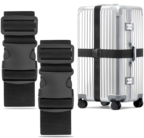 WISYOK Luggage Straps Extended, 2 Pack Suitcase Straps Personalised, Adjustable Case Strap for Suitcase, Luggage Belt with Quick Release Buckle, Suitcase Identifier for Travel, Flight (Black)