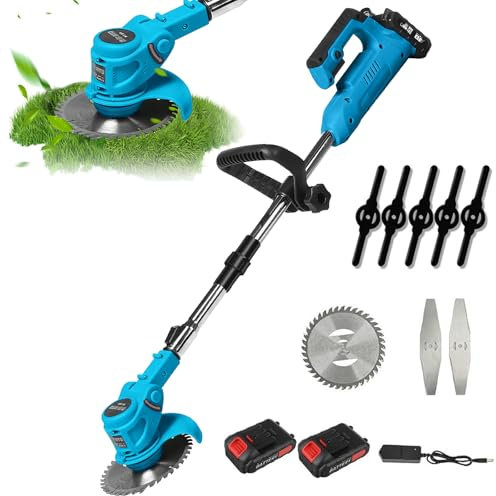 Debroussailleuse Electrique sans Fil 21V, Coupe-Herbe sans Fil avec Batterie et 3 Types de Lames, Tête Réglable et Poignée Télescopique pour Pelouse Jardin Terrain Agricole (2 Batterie)
