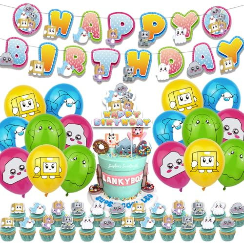 Cartoon Box Birthday Party Decorations: Banner, Balloons, Cake Toppers Cupcake Topper Cake Decoration, Ribbon