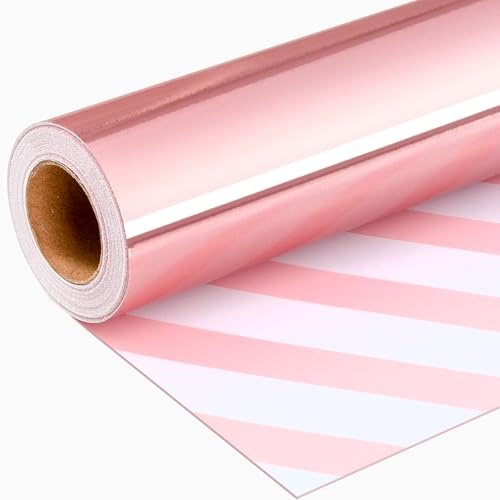 Wikadlik Papier Cadeau Rose - Papier Cadeau Recto-Verso de Couleur Unie Rose Métallique et Rayures pour Anniversaire, Saint-Valentin, Fête des Mères, Fête Prénatale, Mariage - Mini Rouleau 43 cm x 10