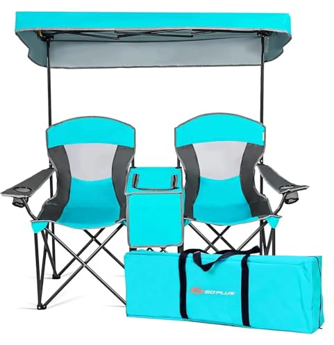 Lsoiup Double Beach Chair with Canopy Shade, Portable Fishing Playa Camping Gear, Folding Sun Lounger Outdoor Furniture Set
