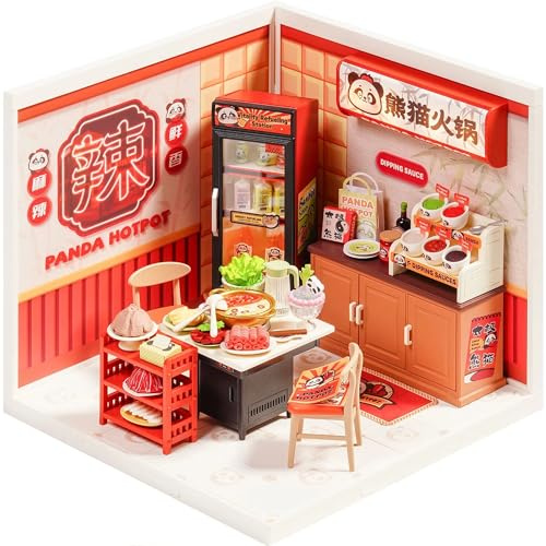 Rolife Super Creator Modellismo Casa in Miniatura da Costruire Kit di Modellini Fai da te Per Adulti Kit di Costruzione Scatola Espositiva Impilabile Senza Colla (DW20-Panda Hot Pot)