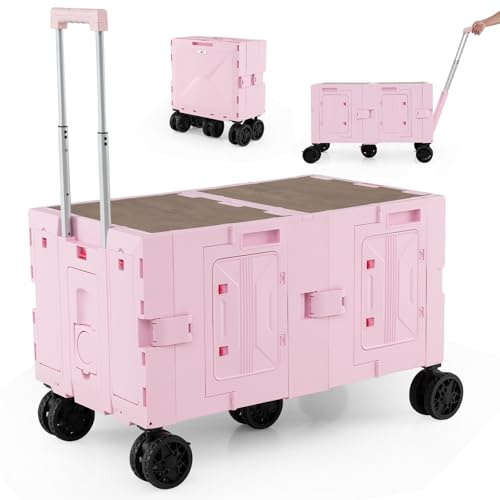 COSTWAY Carro Playa Ruedas 150L, 2 Compartimineto, 5 Ruedas Giratorias, Mango Telescópico de Metal, Carro Transporte Plegable Playa Compras Camping Equipaje Mudanzas Viajes (Rosa)