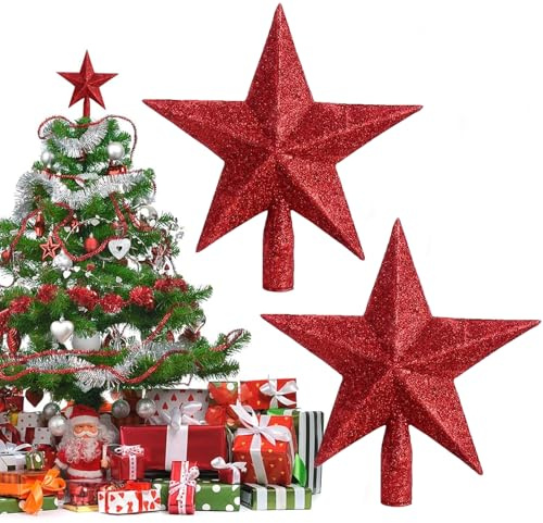 20cm Etoile Sapin de Noel, 2 Pièces Decoration Noel Sapin, Decoration Sapin Noël, Étoile Sapin Noël en Plastique, Christmas Tree Topper, pour Décoration, Rouge