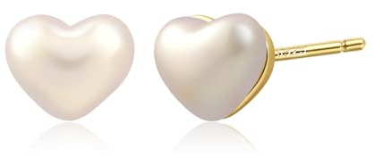 Watforsh Valentines 14k Gold Plated Heart White Pearl Small Simple Stud Hypoallergenic Bridesmaid Wedding Earrings for Women
