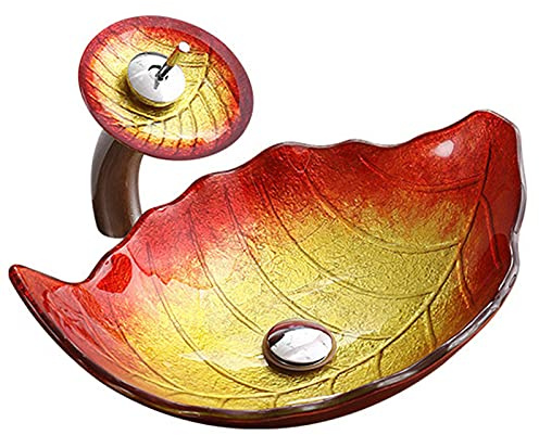 Lavandino in Vetro temperato, lavabo da Bagno a Forma di Foglia, lavabo da appoggio, con Rubinetto a Cascata e Scarico a Scomparsa, per ristrutturazione del Bagno, Arancione