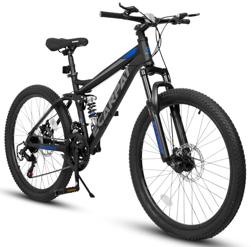 richvelo 24 Inch Mountain Bike with Full Suspension, 21 Speed Shifter Lever with Gear Indicator, High Carbon Steel Frame, Mechanical Disc Brakes, Use for Men/Women/Adults, Ideal for Trails