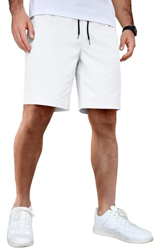 COOFANDY Pantaloncini Uomo Estate Cotone Bermuda Casual con Tasche e Elastico Shorts Uomo Leggeri Traspiranti Bianco L